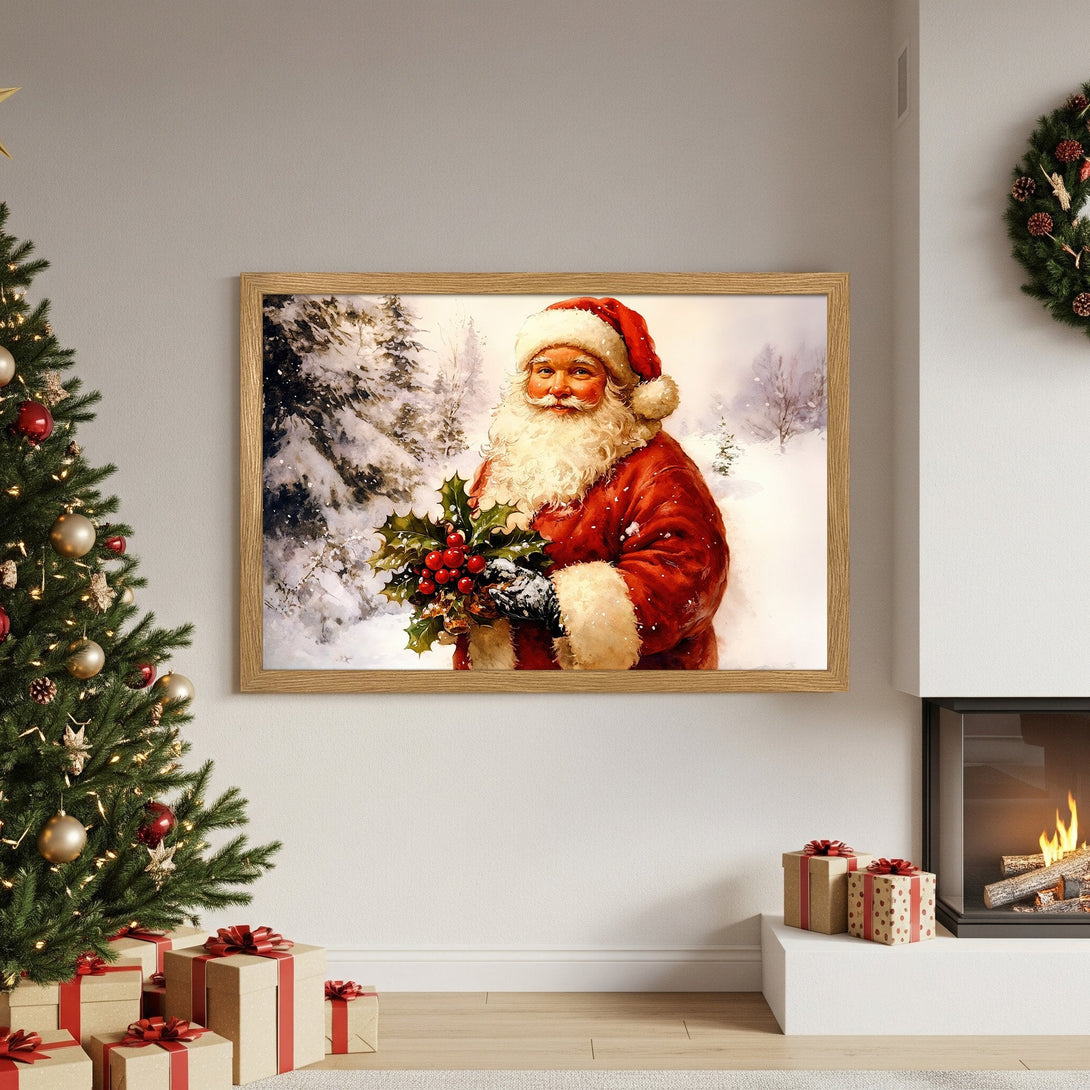 Framed Poster of Santa Claus in a winter scene. Festive art in red, white, and green. Perfect Christmas decor!