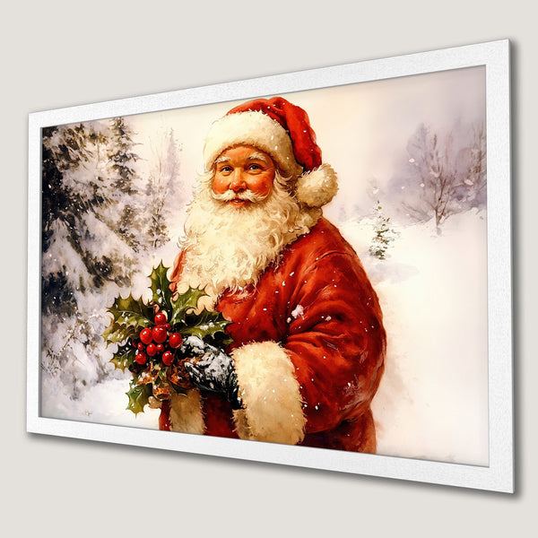 Framed Poster featuring Santa Claus in a watercolor style, with a warm red and white color palette, perfect for Christmas decor.