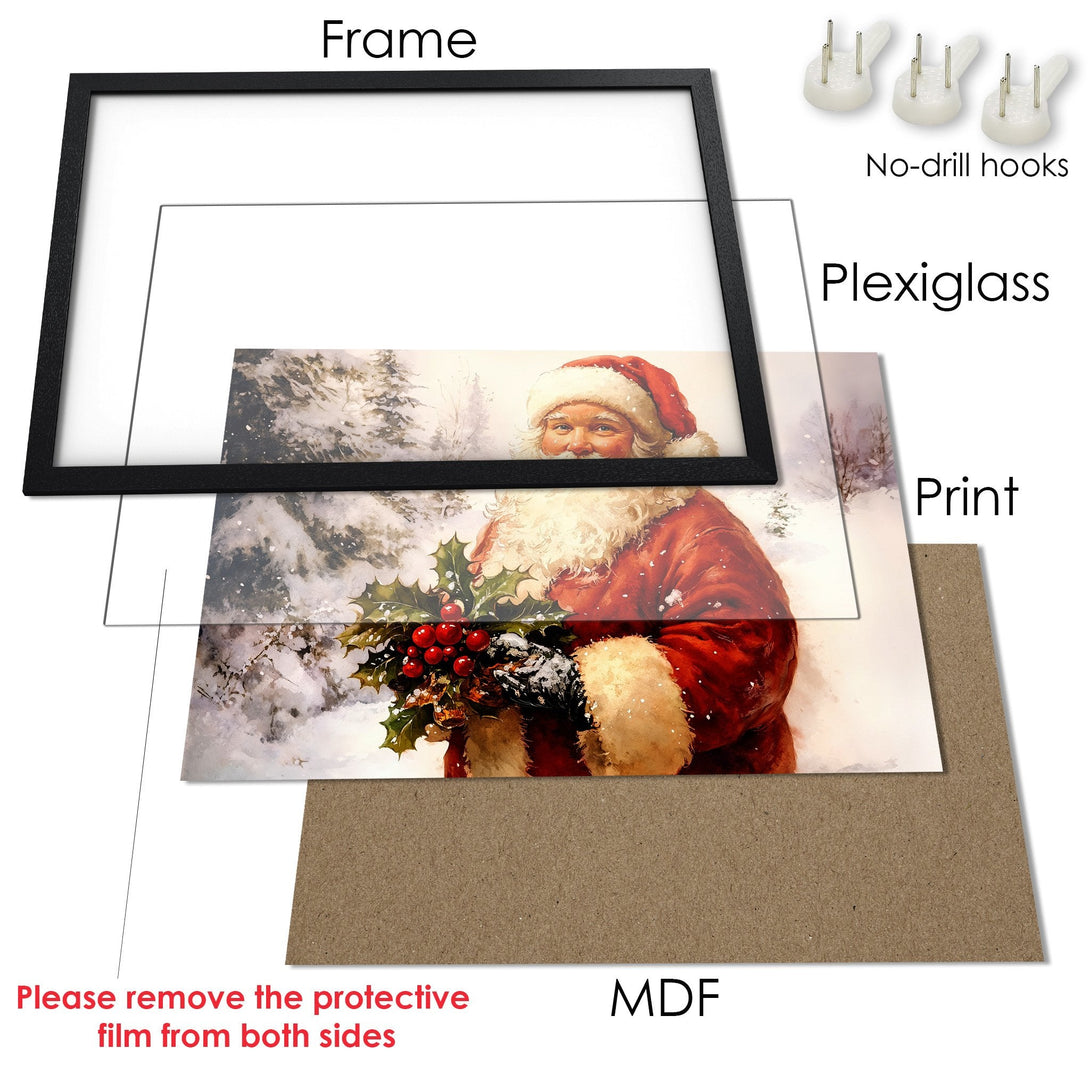 Framed Poster of Santa Claus in a winter scene. Watercolor style with red, white, and neutral tones. Perfect Christmas decor!