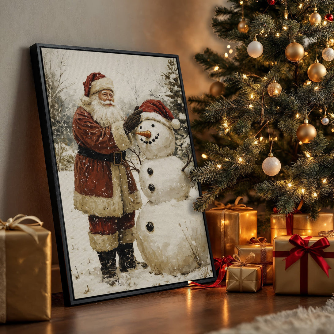 Framed Wall Art: Santa & snowman painting in a warm, wintery palette. Perfect Christmas decor! Shop our art prints for cozy holiday vibes.