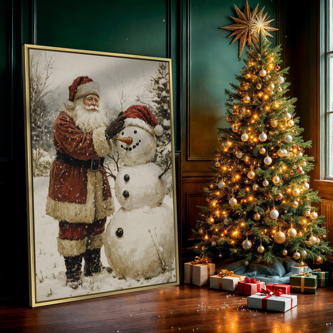 Canvas Print of Santa Claus building a snowman in a vintage style, featuring a warm red and white color palette, perfect for holiday decor.