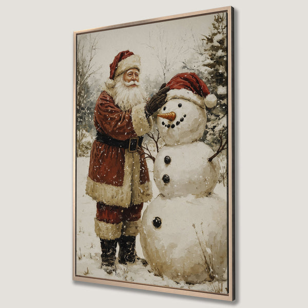 Framed Wall Art: Santa Claus building a snowman in a winter scene. Warm red and neutral color palette, perfect for holiday decor.