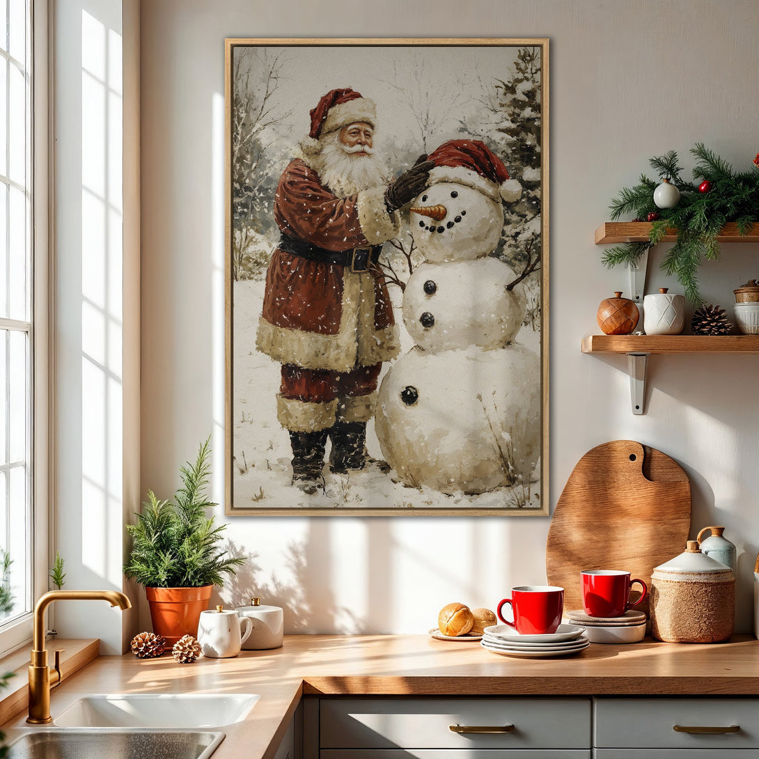 Framed Wall Art: Santa Claus building a snowman in a vintage style, warm red and beige color palette, perfect for Christmas decor.