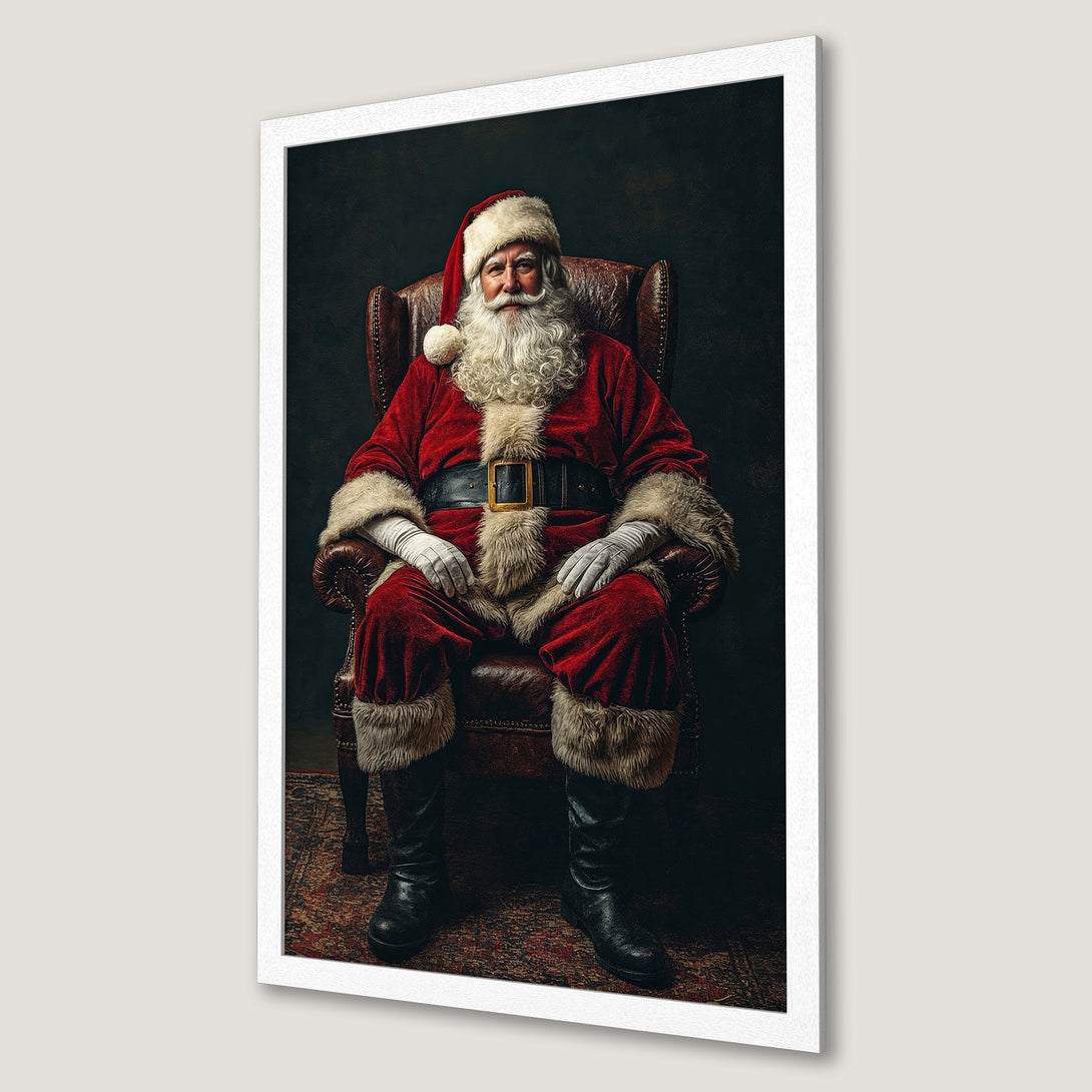 Framed Poster of Santa Claus in a classic style, rich red and brown tones, perfect Christmas decor for your home.