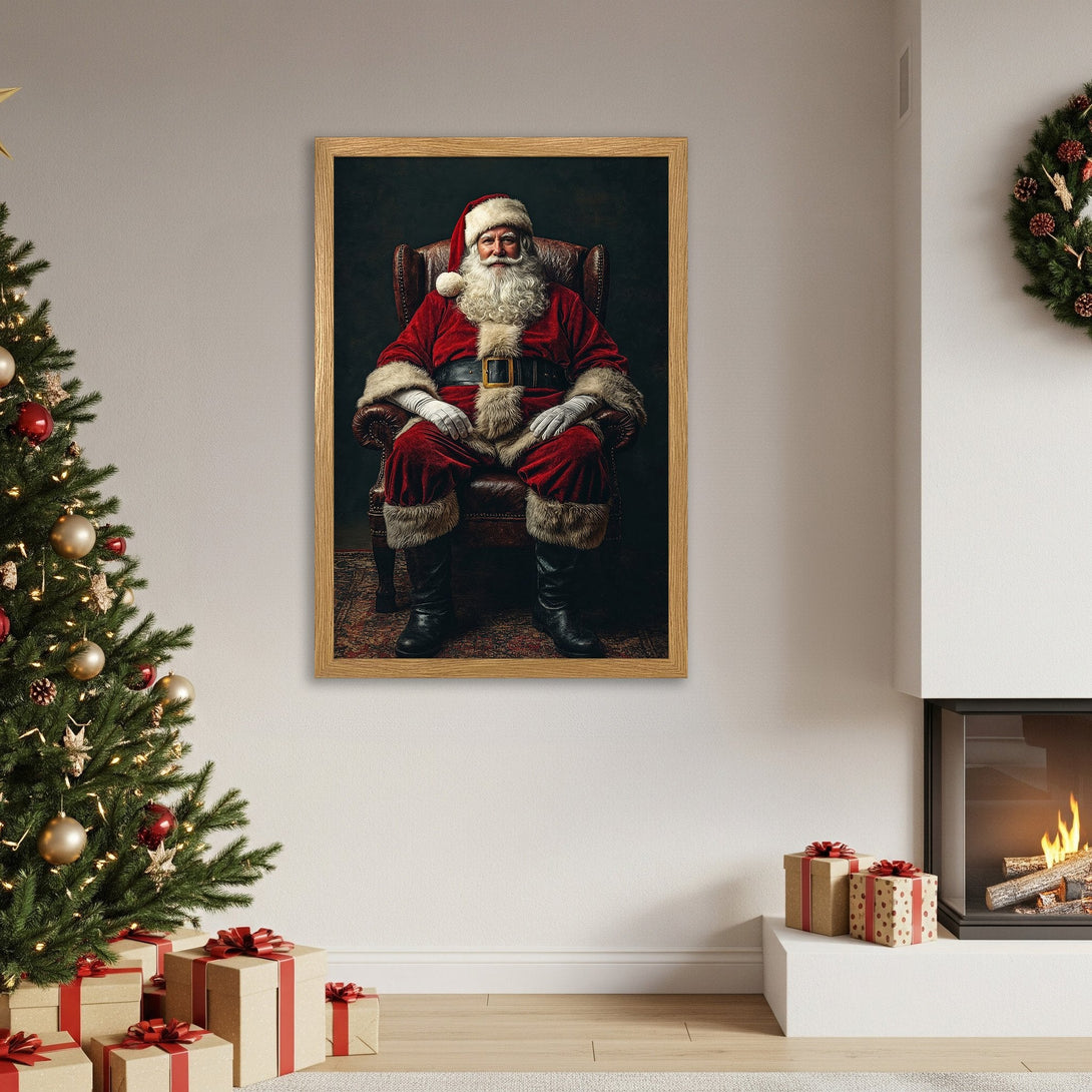 Framed Poster featuring Santa Claus in a classic portrait style, rich red and dark tones, perfect for Christmas decor.
