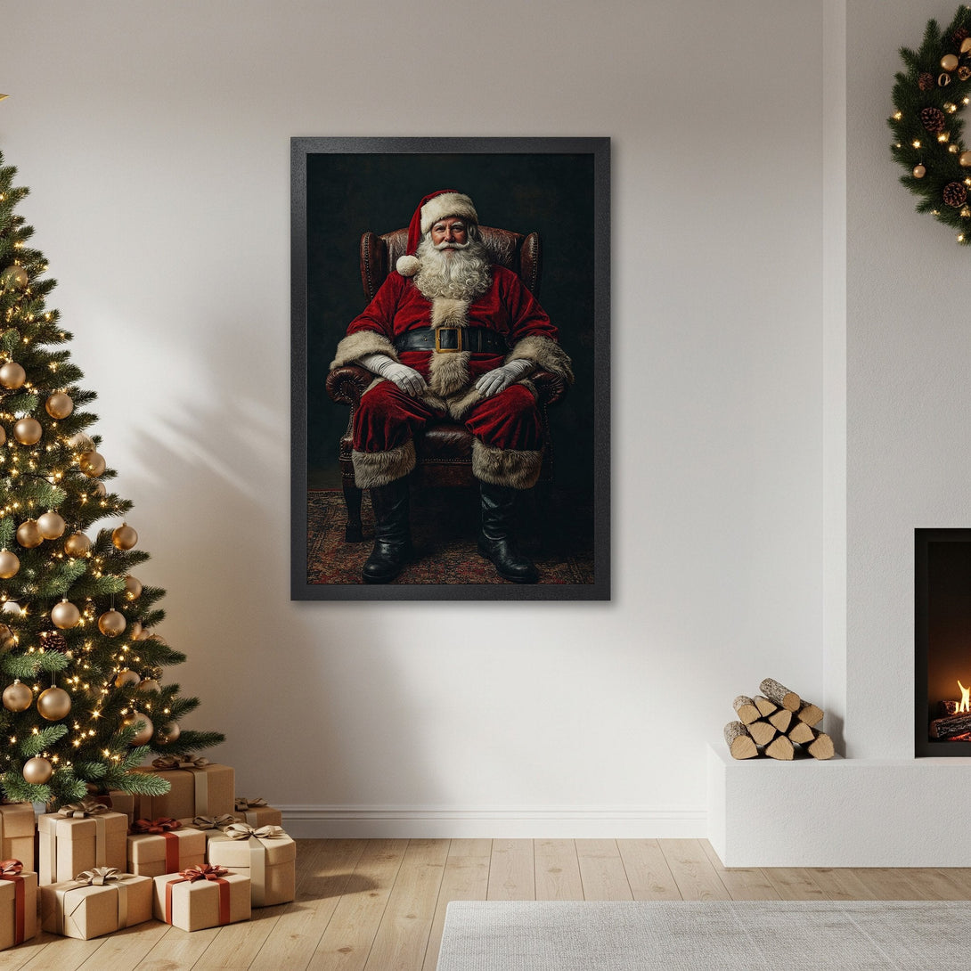 Framed Poster of Santa Claus in a traditional style, featuring a red and dark color palette, perfect for Christmas decor.