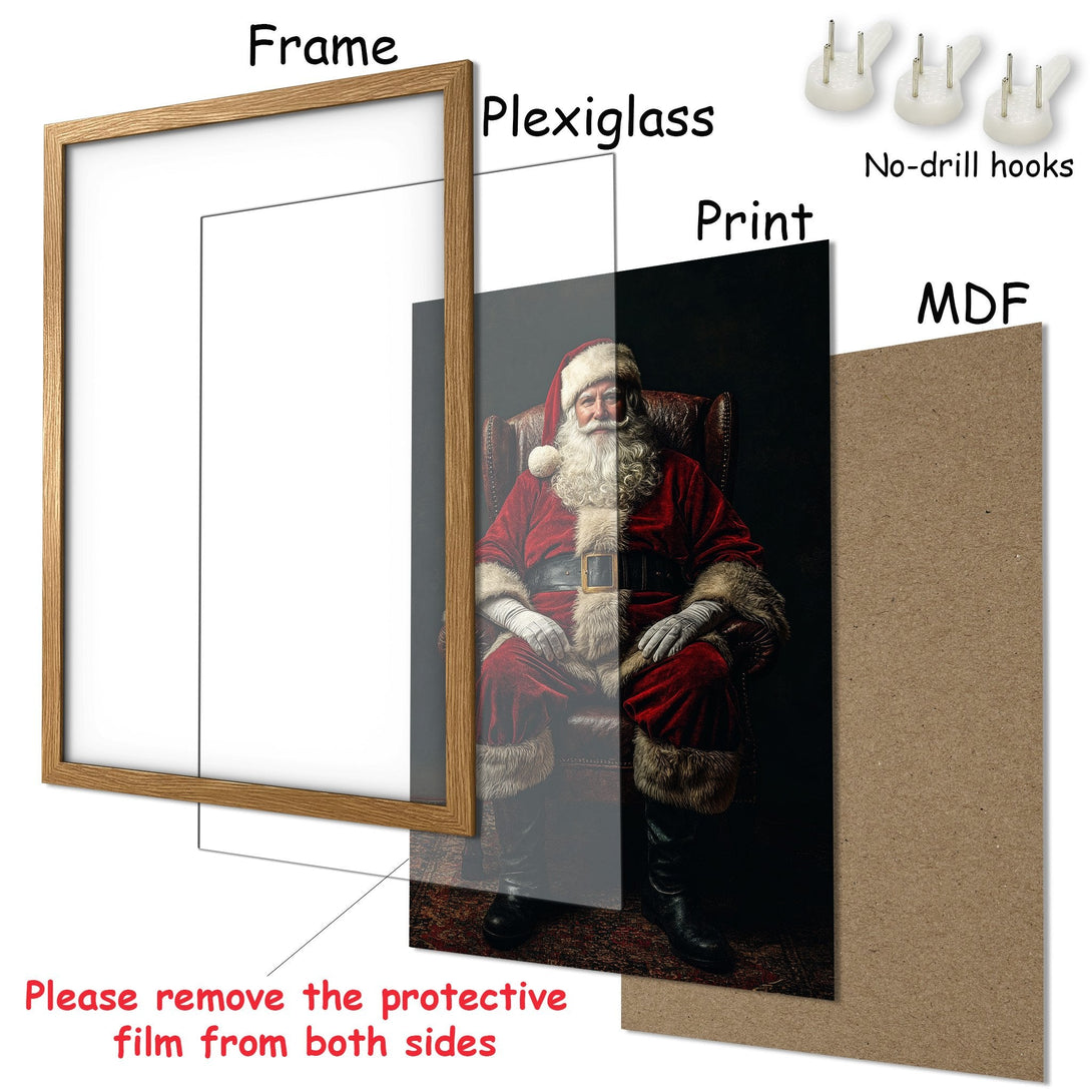Framed Poster featuring Santa Claus in a classic style, rich red & dark tones. Perfect holiday decor!
