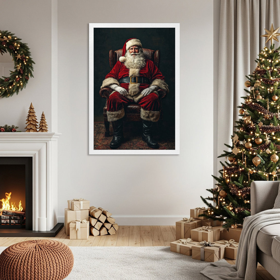 Framed Poster of Santa Claus in a classic style, rich red and dark tones, perfect for Christmas decor.