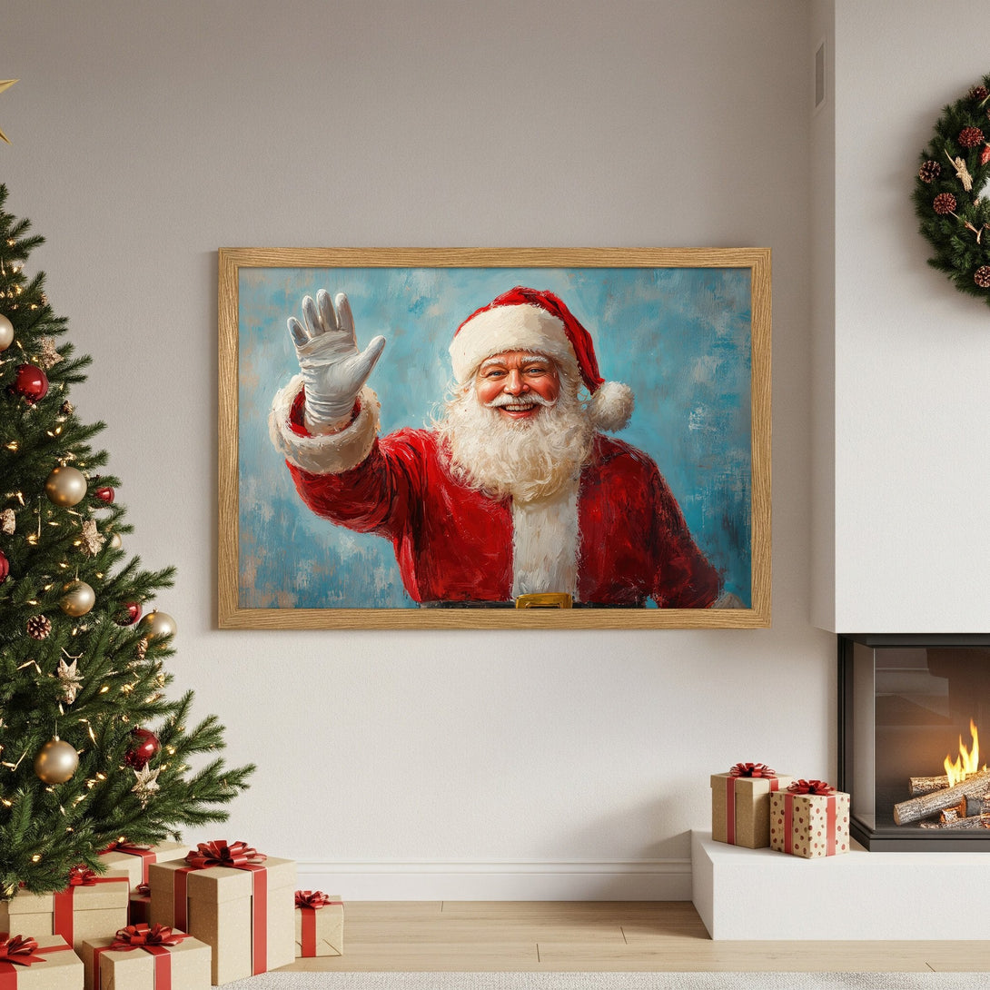 Framed Poster of Santa waving, oil painting style, red & blue color palette, perfect Christmas decor.