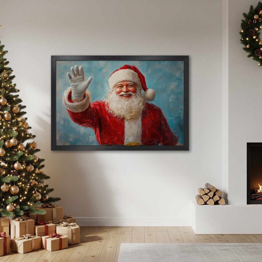 Framed Poster of Santa Claus waving, oil painting style, red and blue color palette, perfect Christmas decor.
