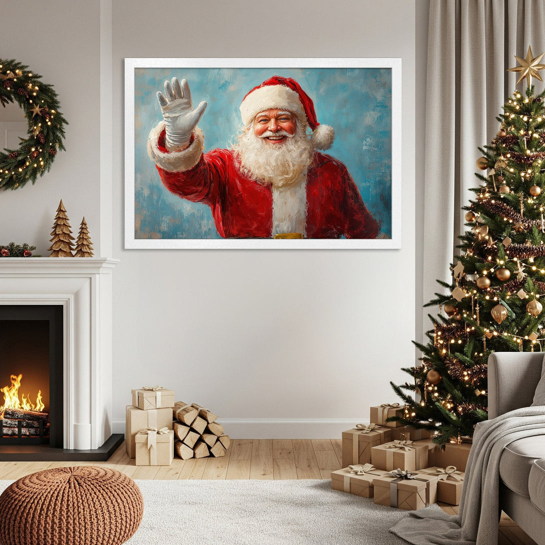Framed Poster of Santa Claus in a painterly style, featuring a red and blue color palette, perfect for Christmas decor.