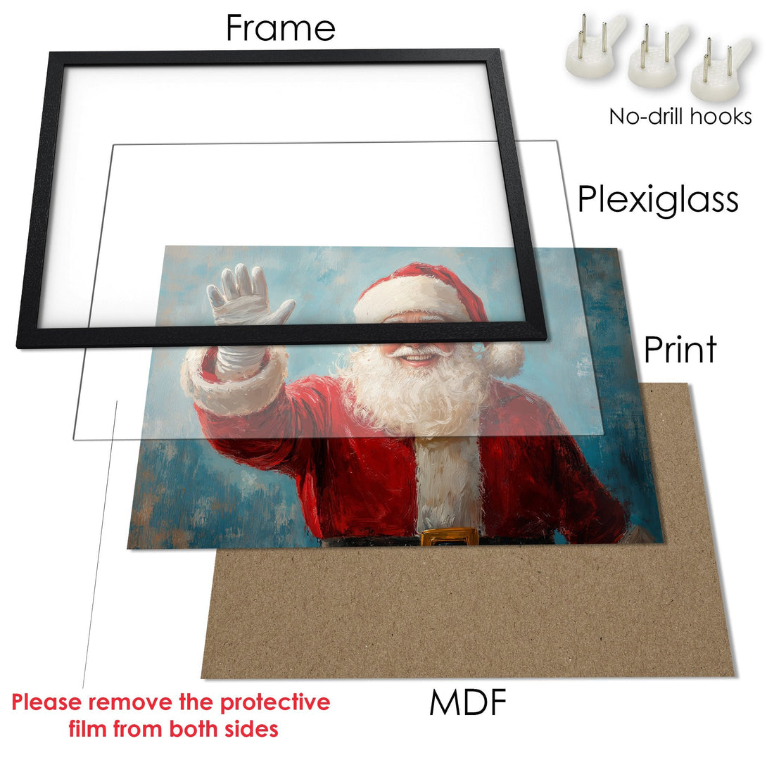Framed Poster featuring Santa Claus art with a red and blue color palette. Perfect holiday decor!