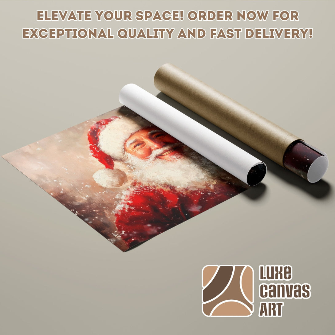 Santa Claus Poster Roll, oil painting style, red and beige color palette. Order now!