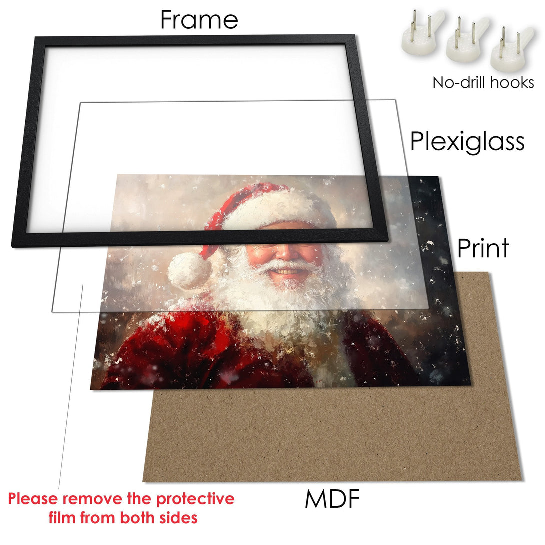 Framed Poster featuring Santa Claus in a painterly style with a red and white color palette, perfect for holiday decor.