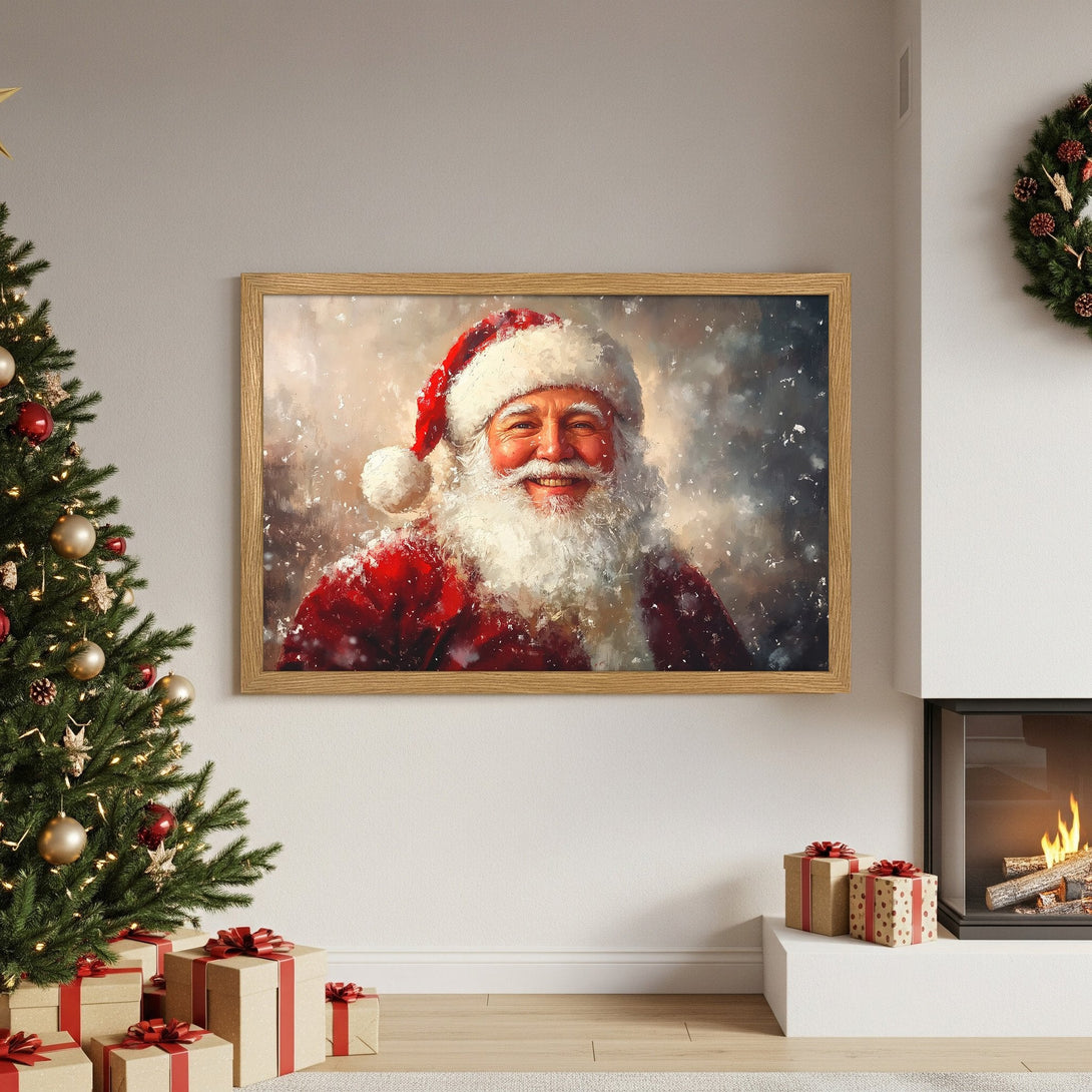 Framed Poster of Santa Claus in a warm, painterly style. Festive red and white colors for Christmas decor.