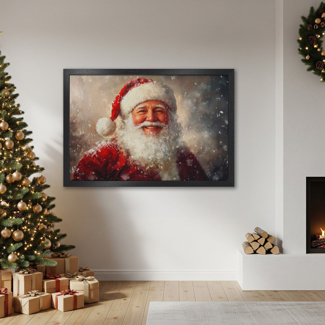 Framed Poster of Santa Claus in a painterly style, red and white color palette, perfect for Christmas decor.