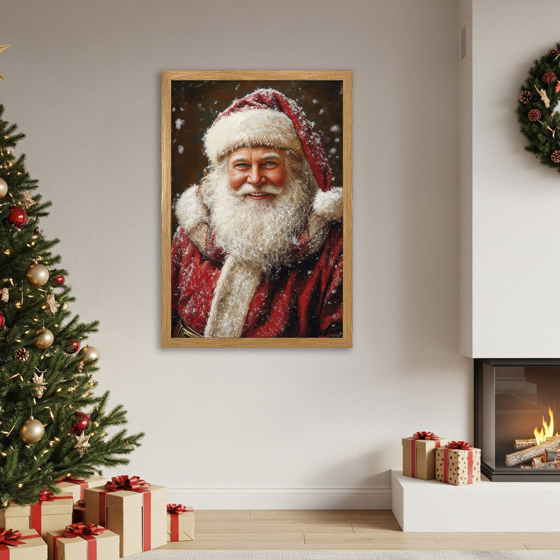Framed Poster of Santa Claus in a classic style, red and white color palette, perfect for Christmas decor.