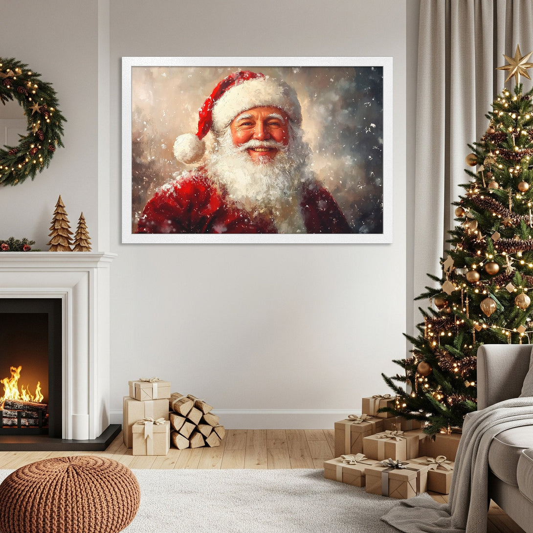 Framed Poster featuring Santa Claus in a painterly style, red and white colors, perfect Christmas decor.