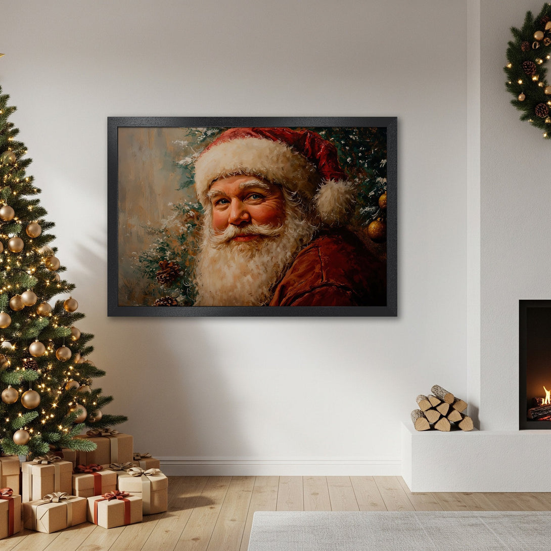 Framed Poster of Santa Claus, vintage style, warm red and green Christmas colors, perfect holiday decor.