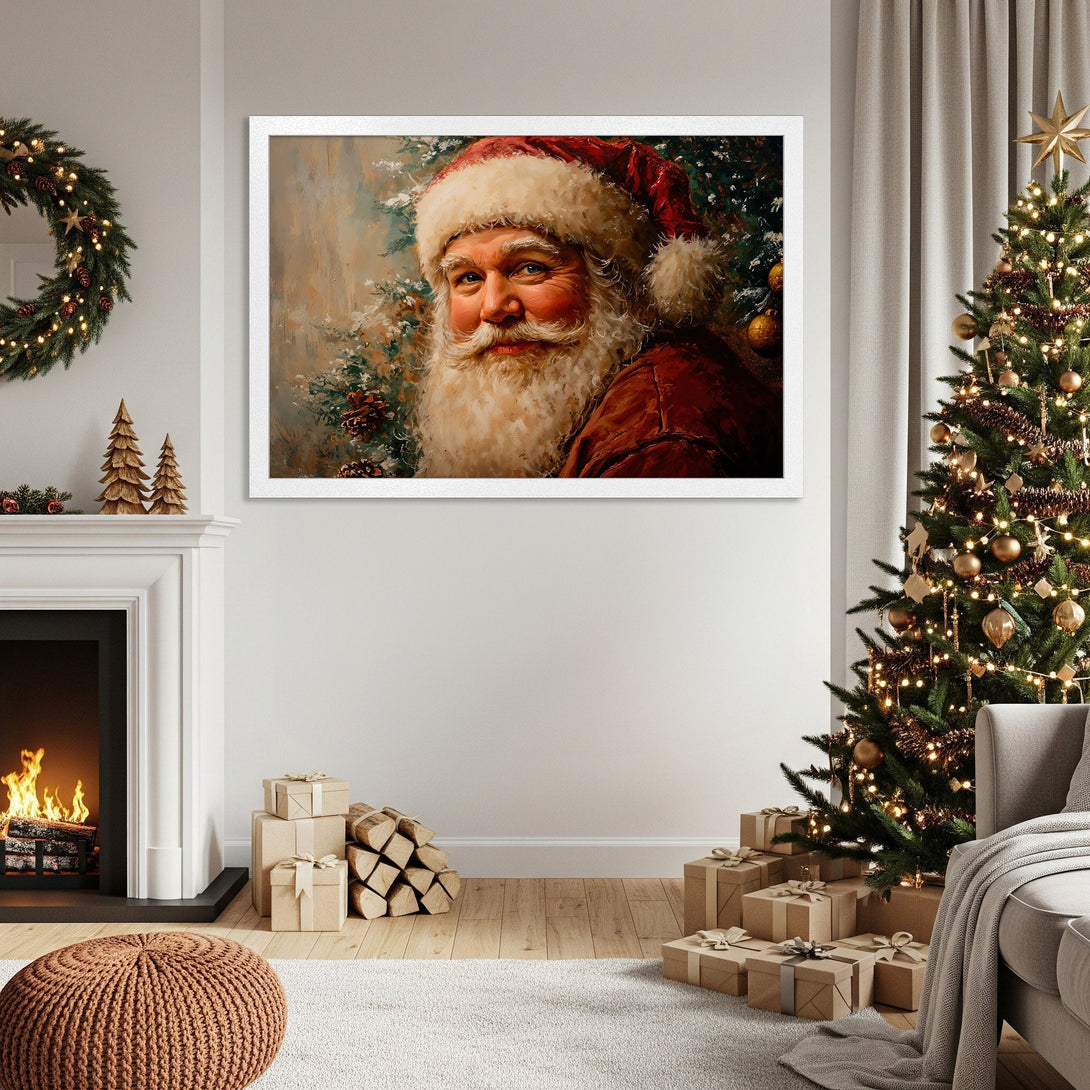 Framed Poster featuring Santa Claus in a warm, painterly style. Festive red and green color palette perfect for holiday decor. Get yours today!