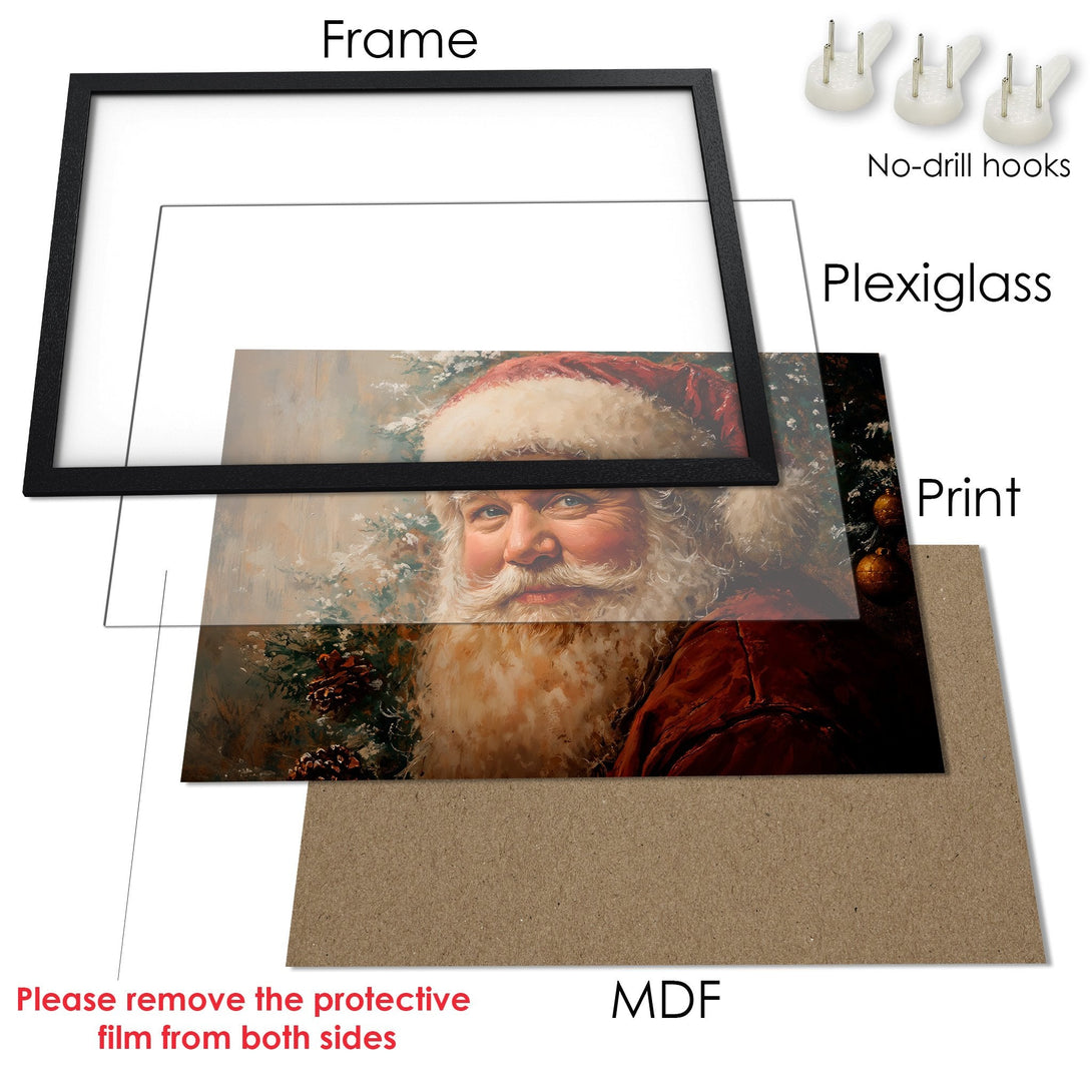 Framed Poster featuring Santa Claus art in a warm, festive color palette. Perfect holiday decor!