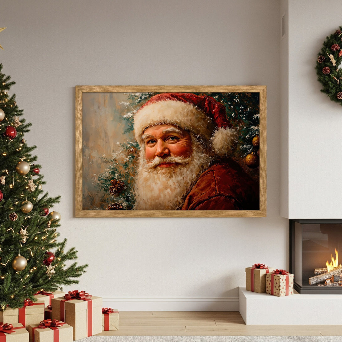 Framed Poster featuring Santa Claus in a classic, painterly style with a warm, festive color palette. Perfect Christmas decor!