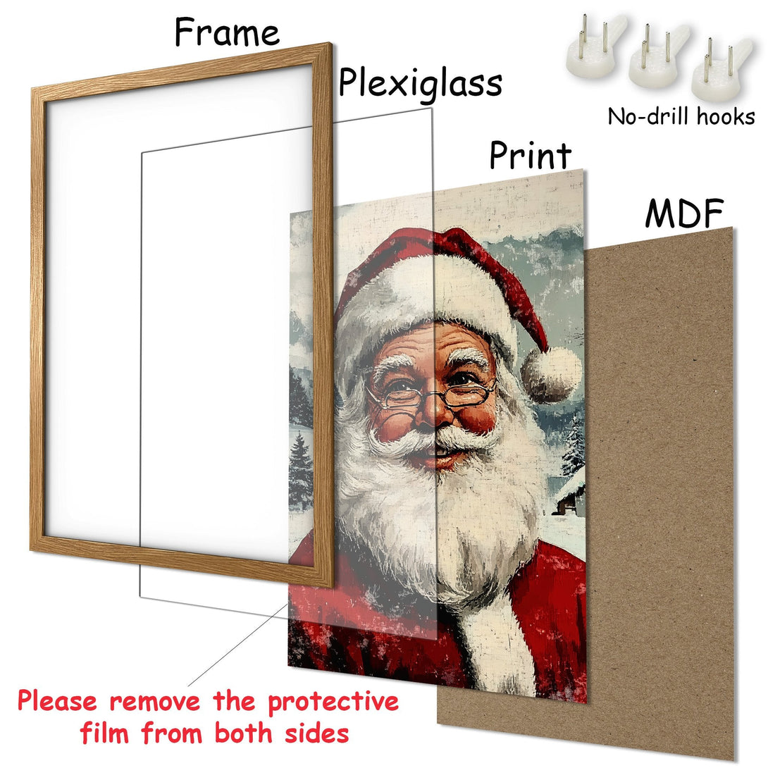 Framed Poster featuring Santa Claus art in a vintage style, with red and neutral color palette. Perfect Christmas decor!