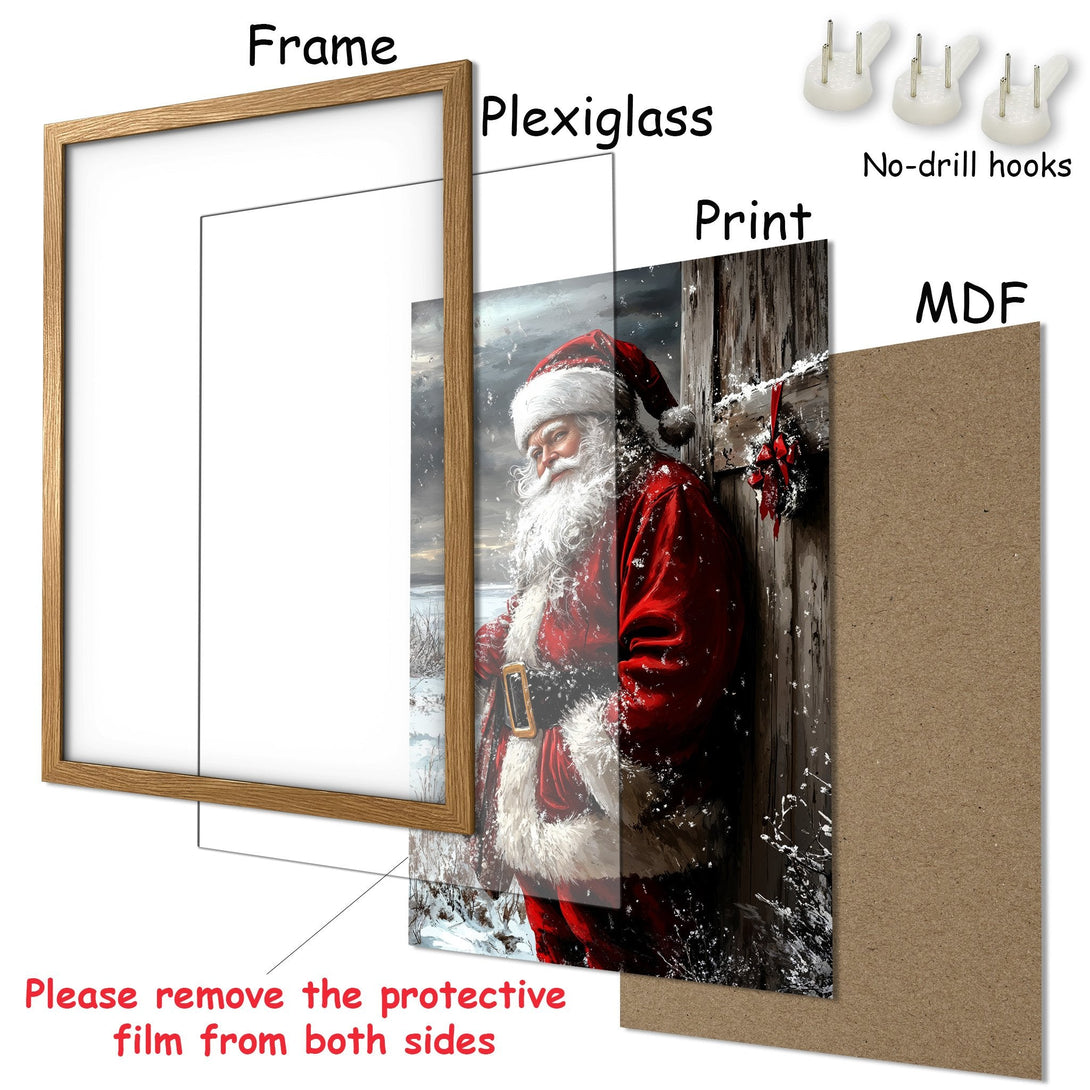 Framed Poster featuring Santa Claus in a winter scene, with a red and white color palette. Perfect Christmas decor!