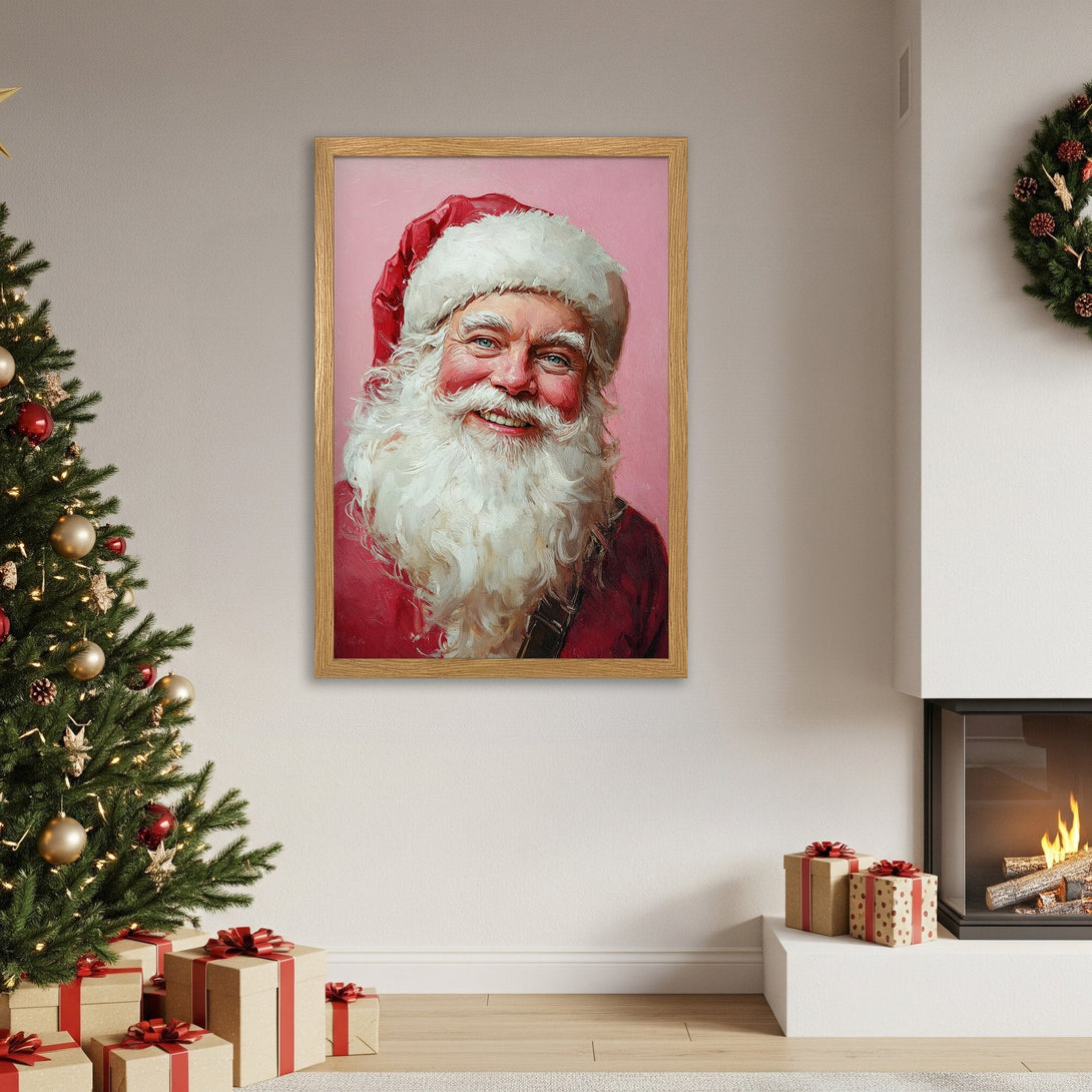 Framed Poster featuring Santa Claus portrait, warm red & pink color palette, perfect holiday decor.