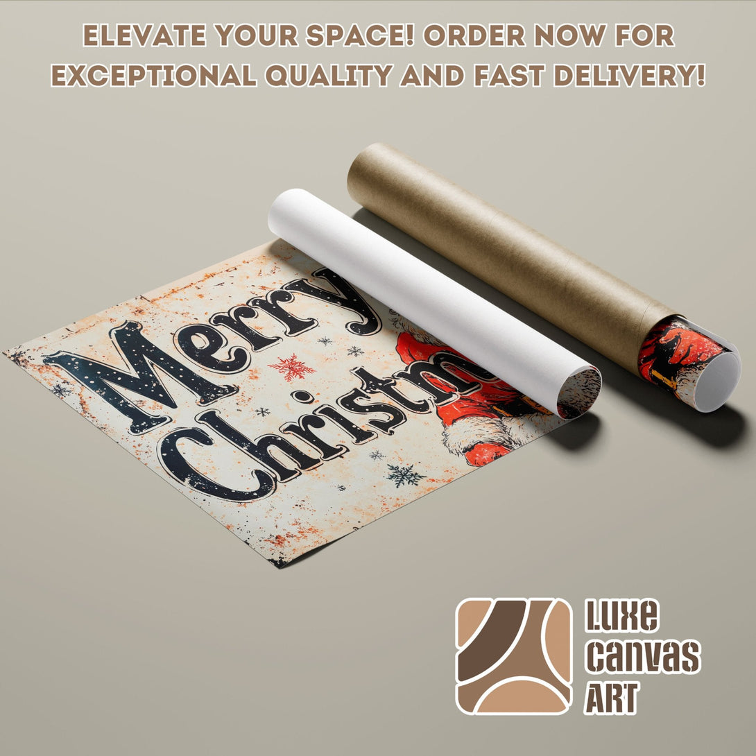 Christmas Poster Roll. Vintage style with red, black, and beige color palette. Elevate your space with Luxe Canvas Art!