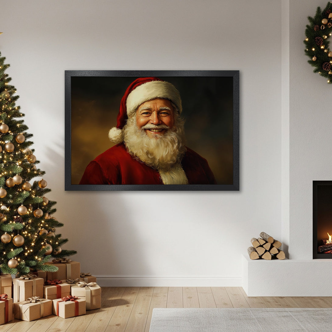 Framed Poster of Santa Claus, classic portrait style, warm red and gold color palette, perfect Christmas decor.