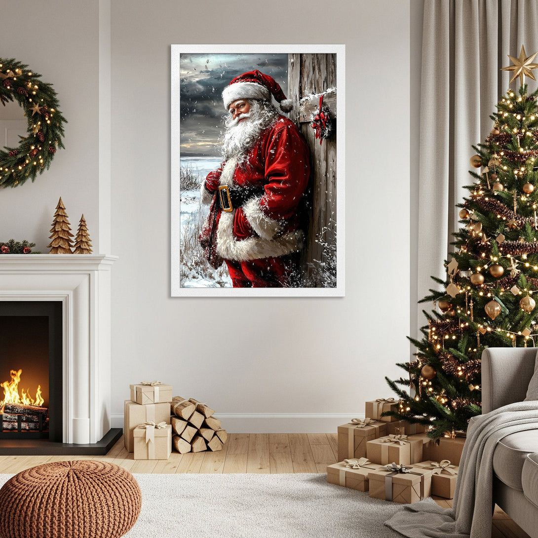 Framed Poster of Santa Claus in a winter scene. Festive artwork in red, white, and neutral tones, perfect for holiday decor.