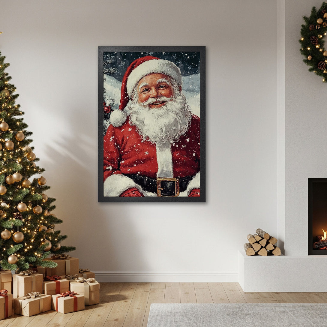 Framed Poster featuring Santa Claus in a classic style, with a warm red and white color palette, perfect for Christmas decor.