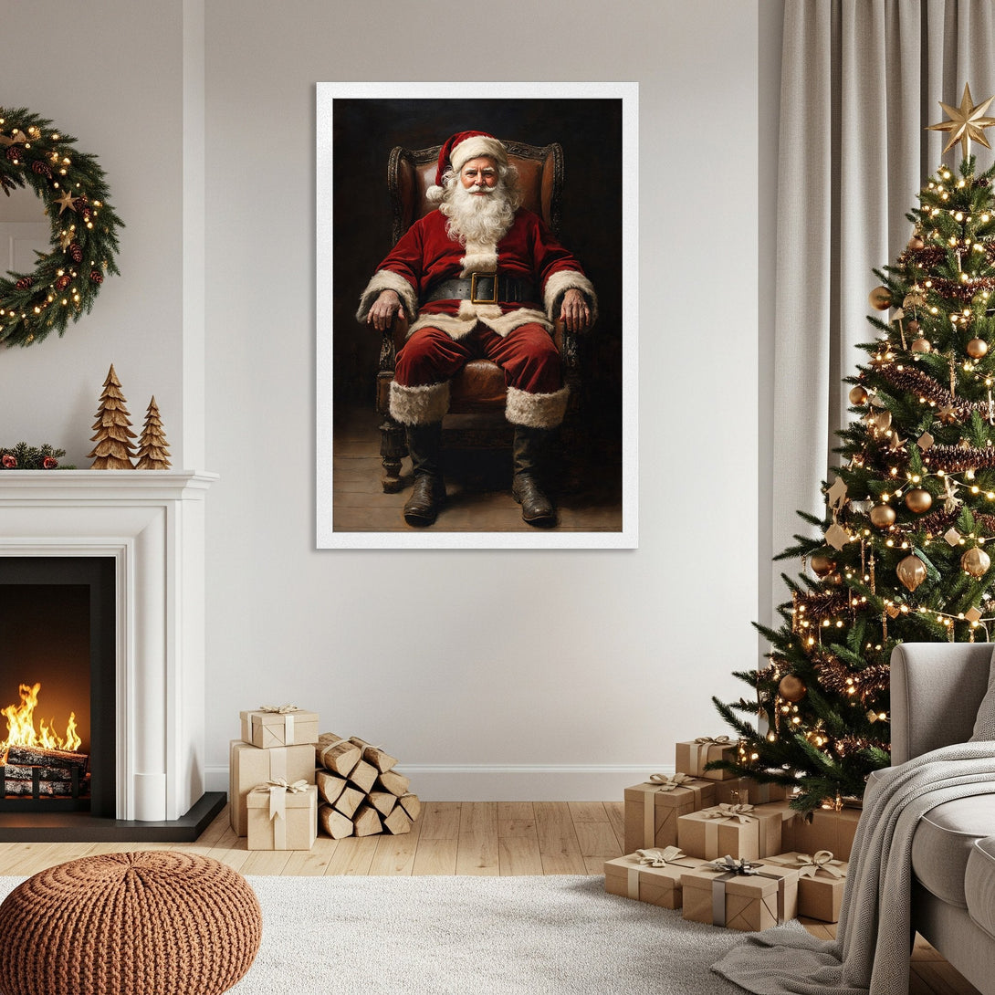 Framed Poster featuring Santa Claus in a classic style. Warm, festive color palette perfect for Christmas decor. Bring holiday cheer to your home!