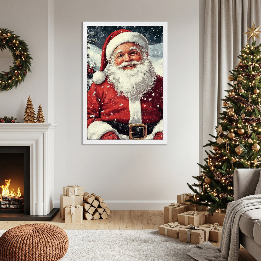 Framed Poster featuring Santa Claus in a vintage style, with a red, white, and black color palette, perfect for Christmas decor.