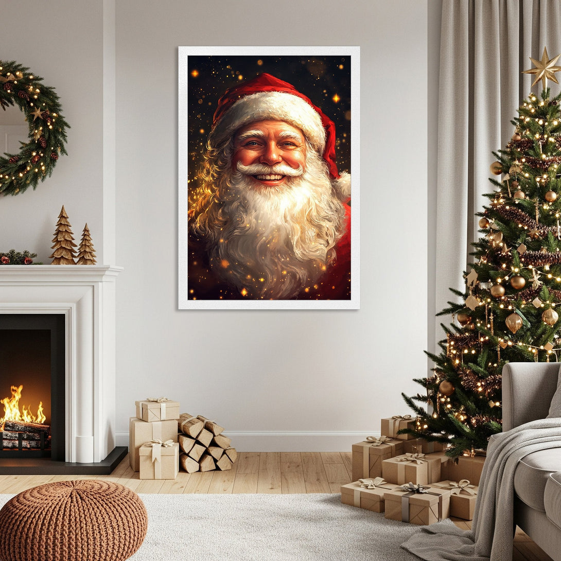 Framed Poster of Santa Claus, festive illustration in warm red and gold tones, perfect Christmas decor.