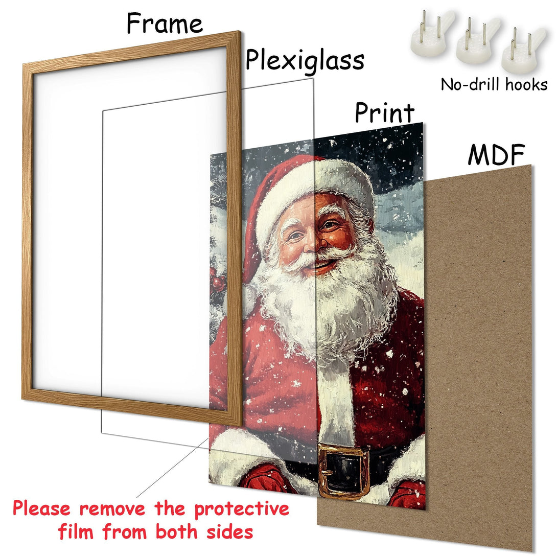 Framed Poster featuring Santa Claus in a vintage style, with a red and white color palette, perfect for Christmas decor.