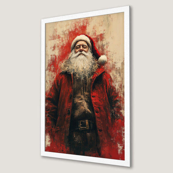 Framed Poster featuring Santa Claus in a red and beige abstract style. Perfect Christmas wall art!