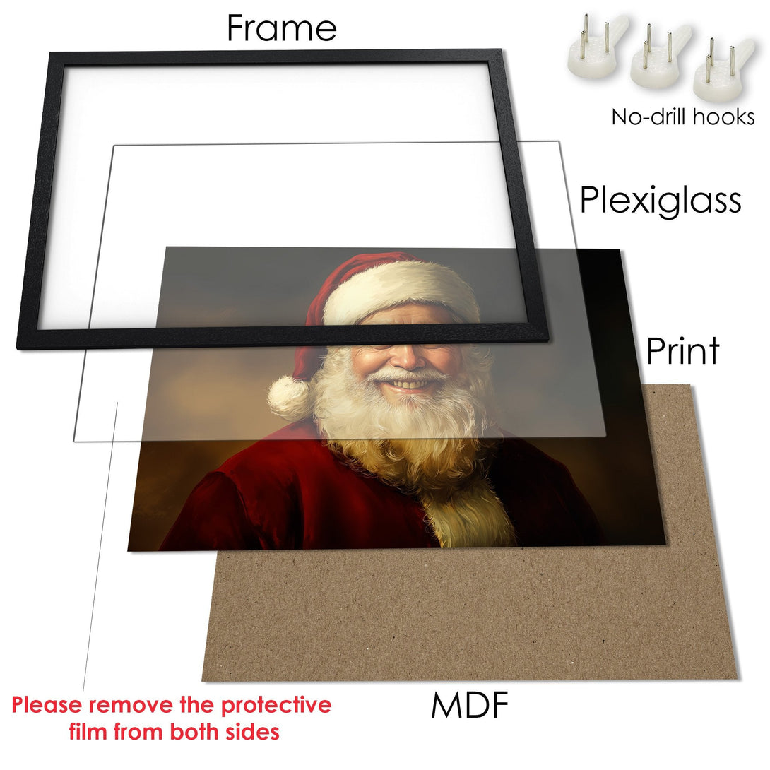 Framed Poster featuring Santa Claus in warm red and gold tones, perfect holiday decor.
