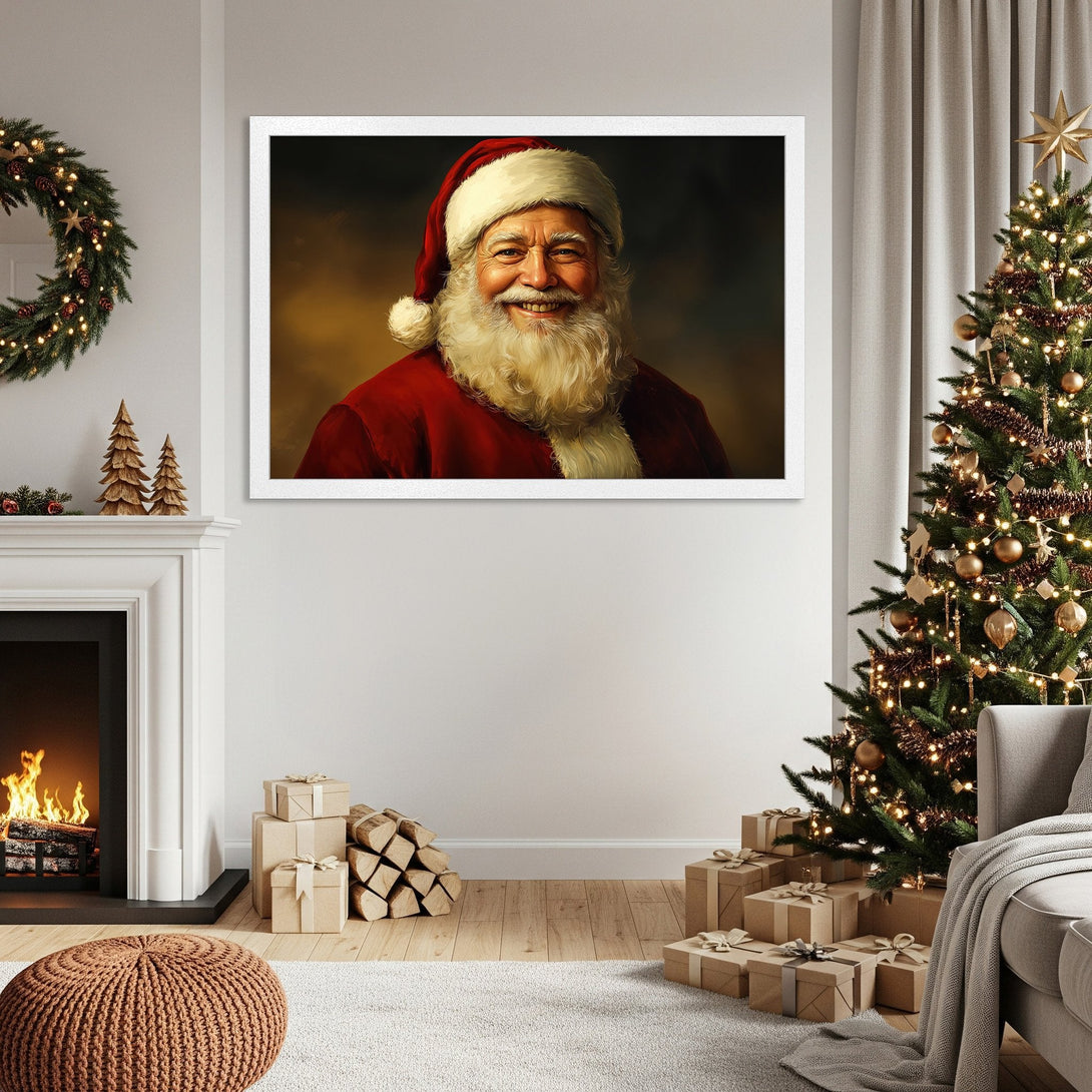 Framed Poster of Santa Claus, classic portrait style, warm red and gold color palette, perfect for Christmas decor.