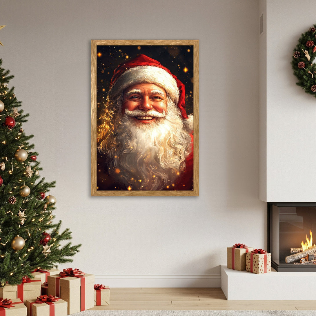 Framed Poster of Santa Claus, festive art in red, gold, and white. Perfect Christmas decor!