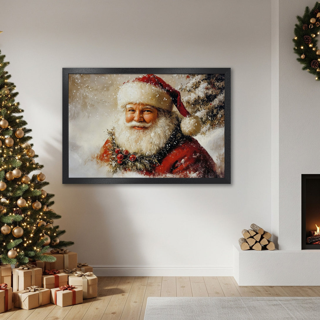Framed Poster of Santa Claus in a painterly style with red, white, and brown tones. Perfect Christmas decor!