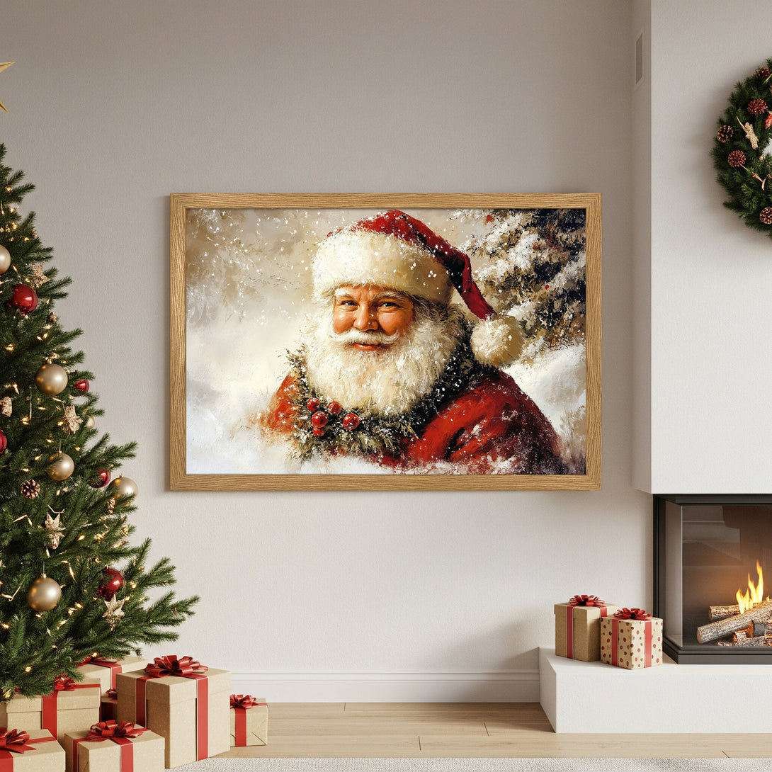Framed Poster featuring Santa Claus in a warm, painterly style. Festive red, white, and gold color palette for holiday decor.