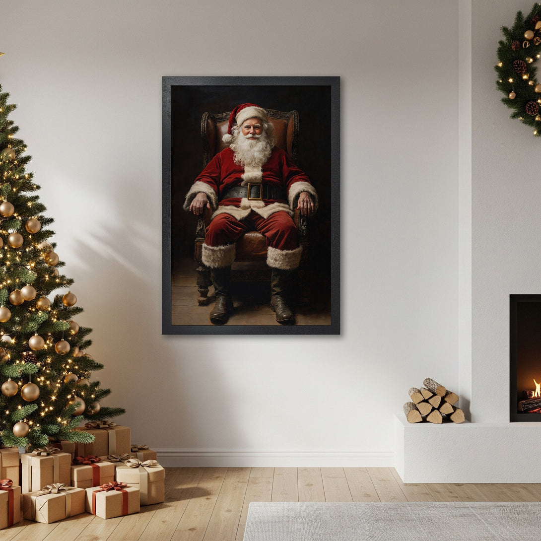 Framed Poster featuring Santa Claus in a classic style, with a warm red and brown color palette, perfect for Christmas decor.