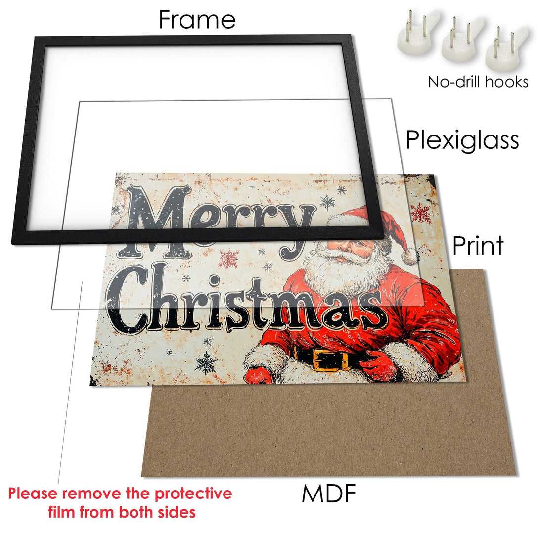 Framed Poster featuring Santa Claus in a vintage style with a red and beige color palette. Perfect Christmas decor!