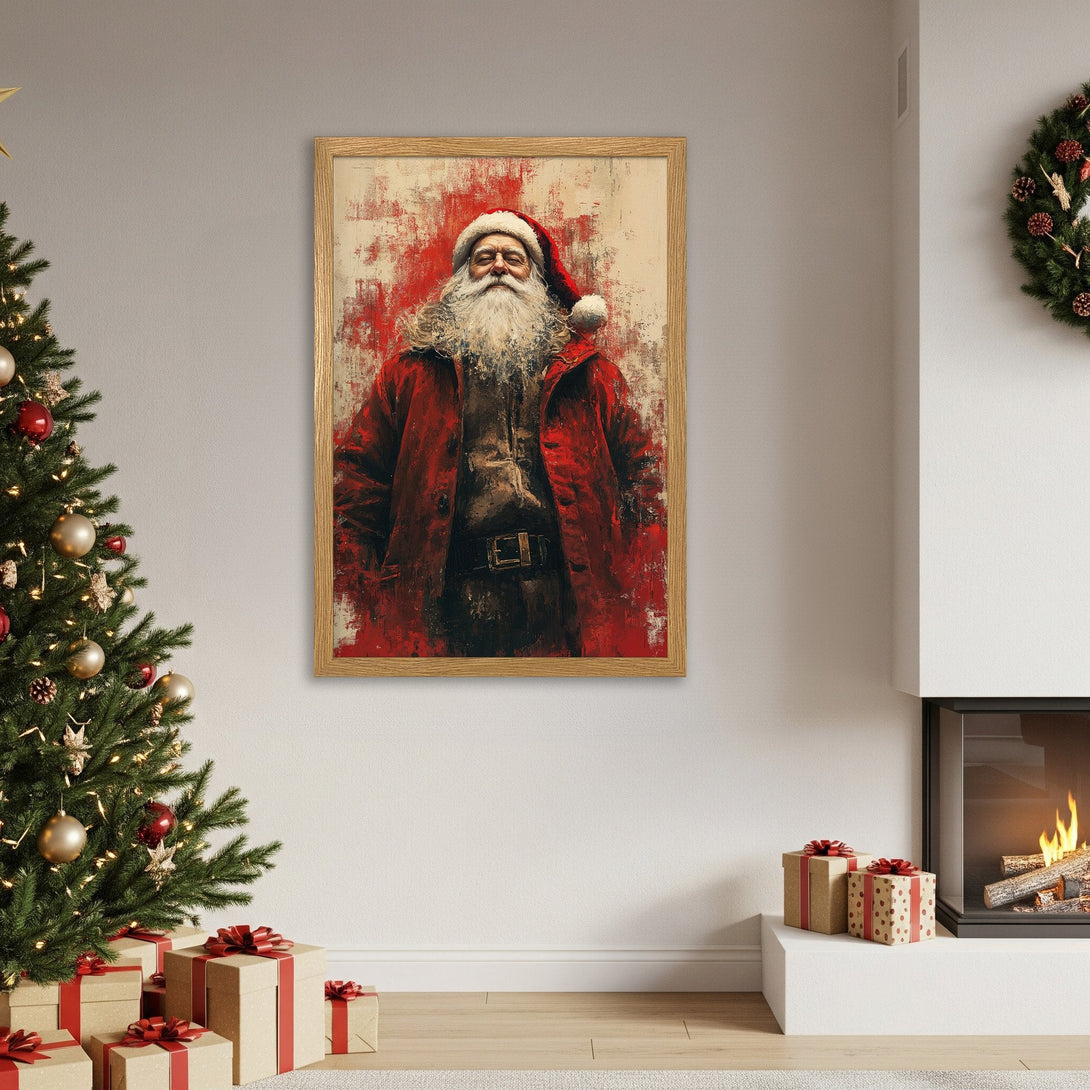Framed Poster featuring Santa Claus in a festive red and cream color palette. Perfect Christmas wall art!