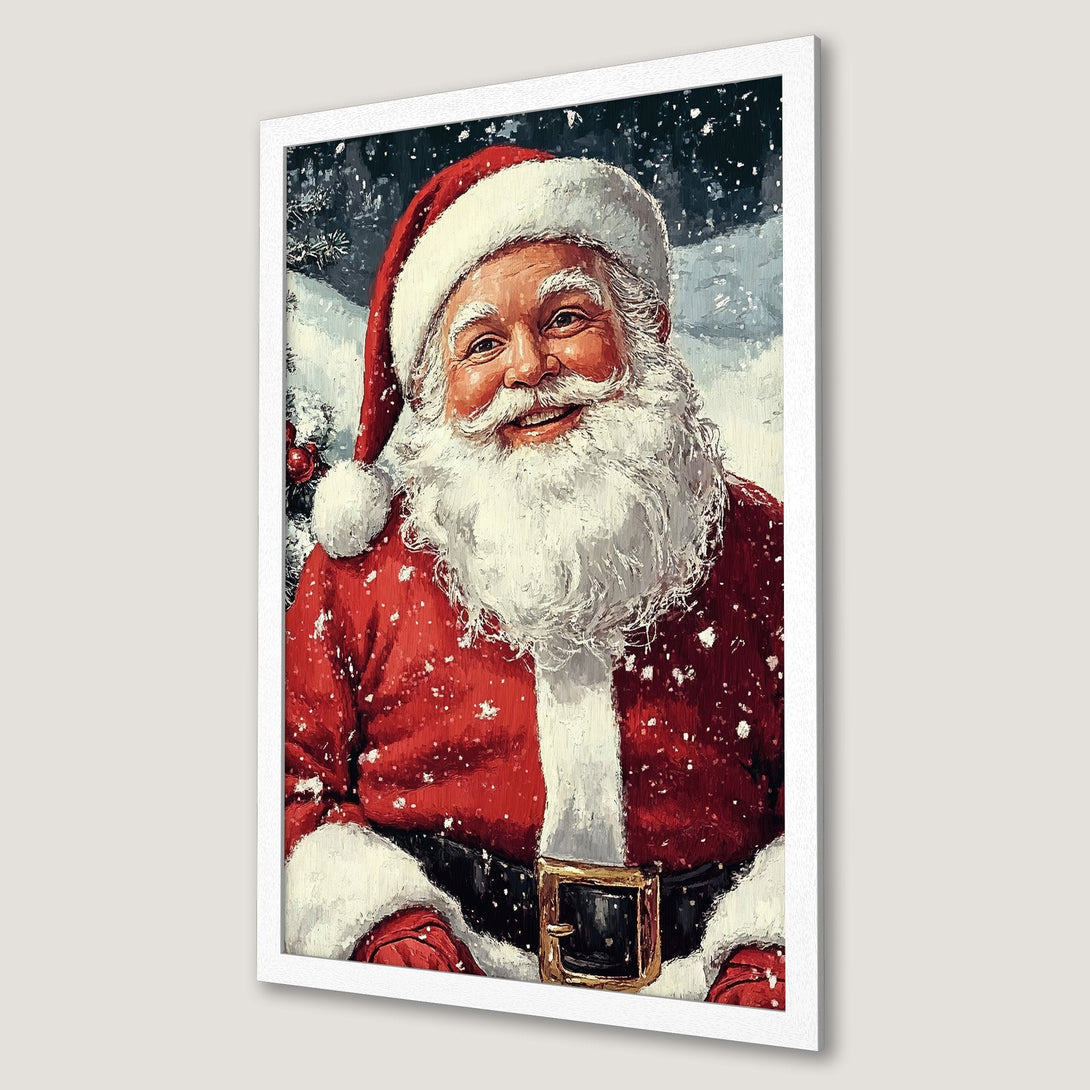 Framed Poster featuring Santa Claus in a classic style with a red and white color palette, perfect for Christmas decor.