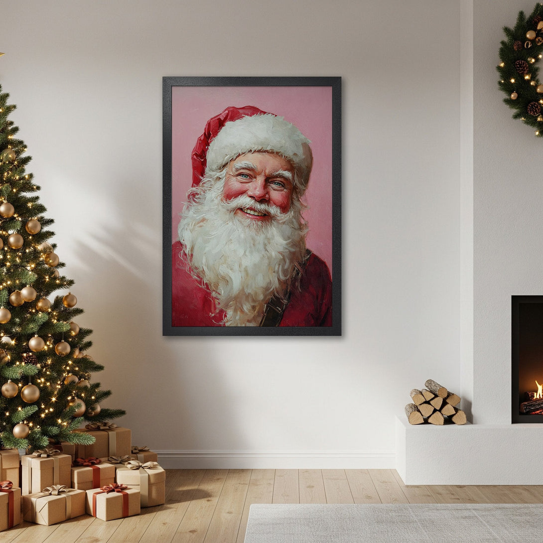 Framed Poster featuring Santa Claus portrait in a vibrant, painterly style with a red and pink color palette. Perfect Christmas decor!