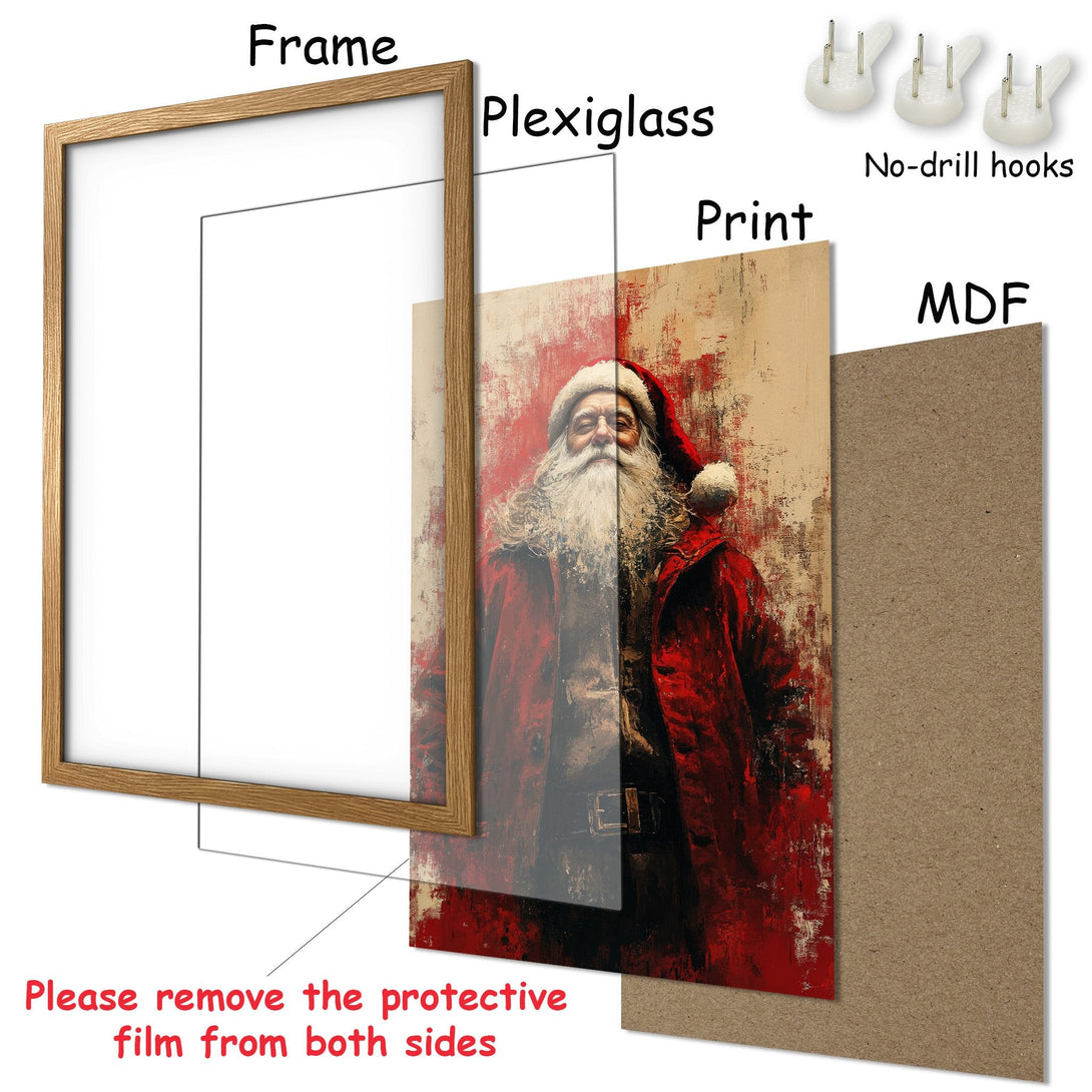 Framed Poster of Santa Claus in a red and beige palette, artistic style. Perfect Christmas decor!