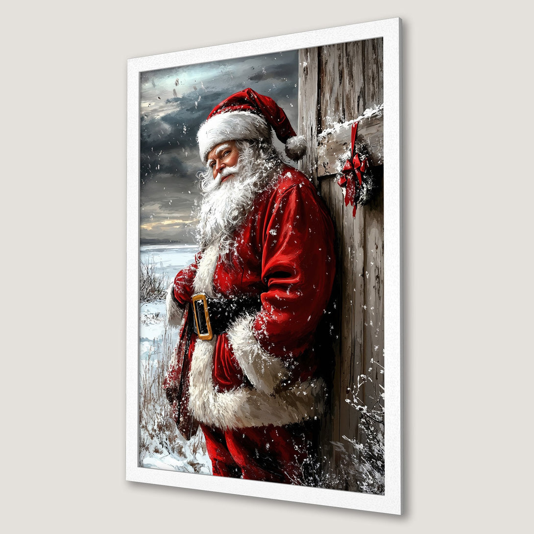Framed Poster featuring Santa Claus in a winter scene. Artistic style with a red, white, and gray color palette. Perfect Christmas decor!